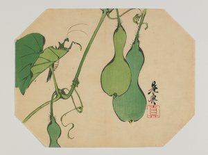Impresión para un uchiwa, calabazas en una vid con una mantis, era Meiji, finales del siglo XIX de Shibata Zeshin